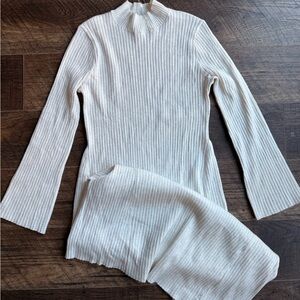 Ribbed Cream Long Sleeve Maxi Dress with Bell Sleeves